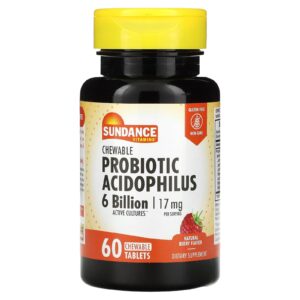 Sundance Vitamins Probiótico Mastigável Acidophilus Fruto Silvestre Natural 60 Comprimidos Mastigáveis (3 Bilhões por Comprimido)