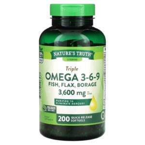 Natures Truth Vitaminas Ômegas Triplos 3 6 e 9 Peixe Linhaça Borragem 200 Cápsulas Softgel de Liberação Rápida