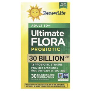 Renew Life Ultimate Probiotic Flora™ Adulto Acima de 50 Anos 30 Bilhões de UFCs 30 Cápsulas Veganas de Liberação Retardada