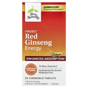 Terry Naturally HRG80™ Energia de Ginseng Vermelho 30 Comprimidos Mastigáveis (100 mg por Comprimido)
