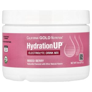 California Gold Nutrition HydrationUP® Mistura para Bebida de Eletrólitos com Cálcio Potássio Vitamina C e Vitamina E Frutos Silvestres 227 g (8 oz)