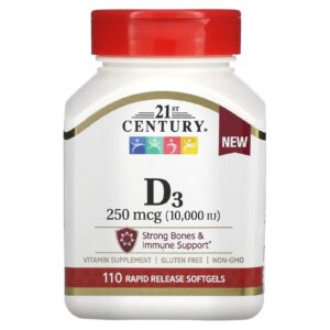 21st Century Vitamina D3 250 mcg (10.000 UI) 110 Cápsulas Softgel de Liberação Rápida
