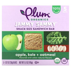 Plum Organics Jammy Sammy Barra de Sanduíche do Tamanho de Lanche 15 Meses ou Mais Maçã Couve + Aveia 5 Barras 29 g (102 oz) Cada