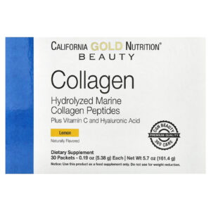 California Gold Nutrition Peptídeos de Colágeno Marinho com Vitamina C e Ácido Hialurônico Sabor Limão 30 Embalagens 538 g (019 oz) Cada