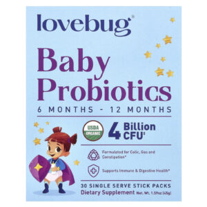 LoveBug Probiotics Probióticos para Bebês 6–12 Meses 4 Bilhões de UFCs 30 Embalagens de Porções Individuais