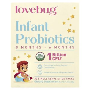 LoveBug Probiotics Probióticos para Crianças 0-6 Meses 1 Bilhão de UFCs 30 Embalagens de Porção Individual 15 g (005 oz) Cada