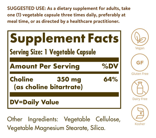 Suplemento Solgar Choline 350 Mg 100 Cápsulas Vegetais - Imagem 2