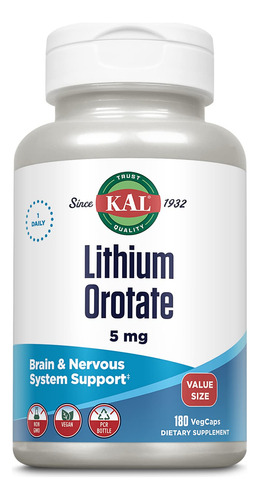 Suplemento Kal Lithium Orotato 5mg Para Suporte Cerebral 180