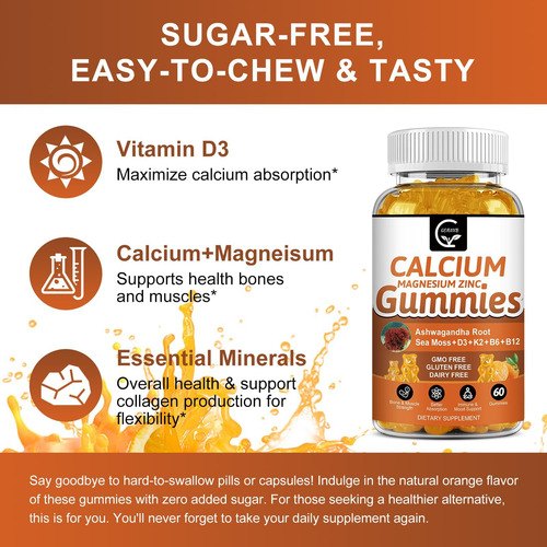Gomas De Cálcio De 1200 Mg Com Vitamina D3 K2 B12 E B6 - S - Imagem 13