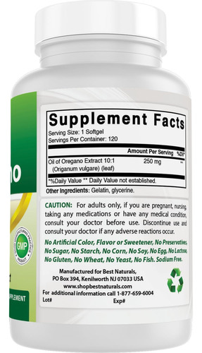 Best Naturals Óleo De Orégãos 250 Mg Softgels 120count - Imagem 7