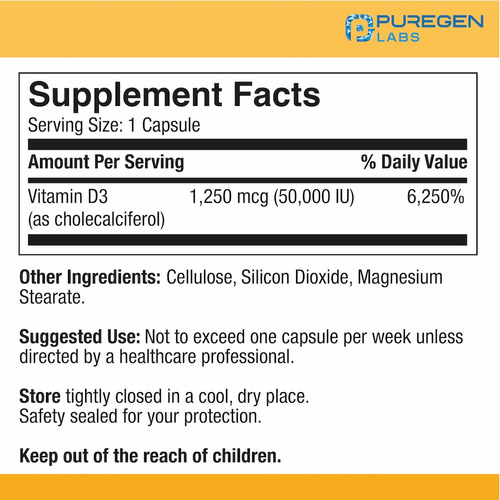Suplemento De Vitamina D3 Puregen Labs 50.000 Ui 100 Cápsula - Imagem 2