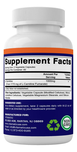 Fumarato De L-carnitina Vitamatic 1000 Mg - 120 Cápsulas Veg - Imagem 10