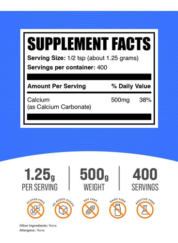 Suplemento Bulksupplements.com Carbonato De Cálcio 500g - Imagem 2