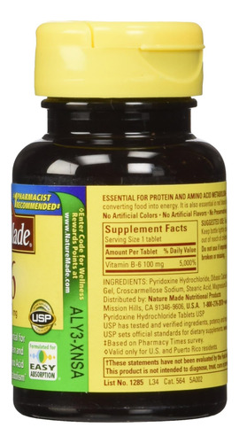 Vitamina B-6 Nature Made 100 Mg Comprimidos 100 Contagens - Imagem 2