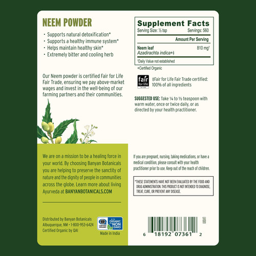 Suplemento Banyan Botanicals Neem Powder Organic 454g - Imagem 2