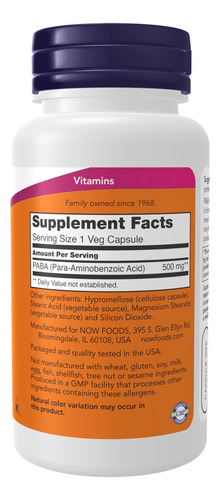 Suplementos Now Foods Paba (para-aminobenzóico) - Imagem 2