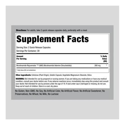 Suplemento Piping Rock Nad 260mg Nicotinamida Adenina Dinu - Imagem 2
