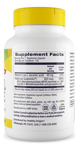 Suplemento Healthy Origins Metil Folato 800mcg 120 Cápsulas - Imagem 2