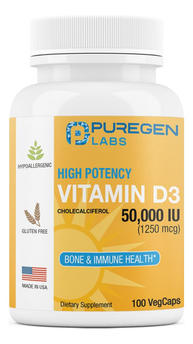 Suplemento De Vitamina D3 Puregen Labs 50.000 Ui 100 Cápsula