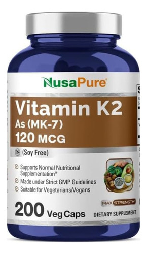 Suplemento Nusapure Vitamina K2 Mk7 120mcg 200 Cápsulas Vege