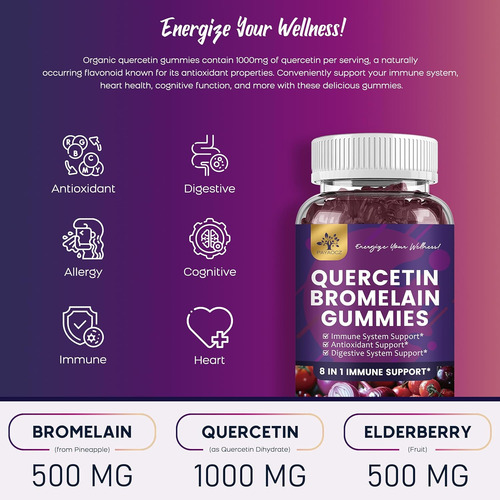 (2 Pack) Quercetin Gummies With Bromelain Zinc Elderberry... - Imagem 2