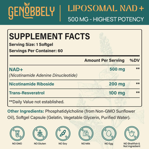 Genobbely 800 Mg Suplemento Lipossomal Nad + Com Ribosídeo D - Imagem 9