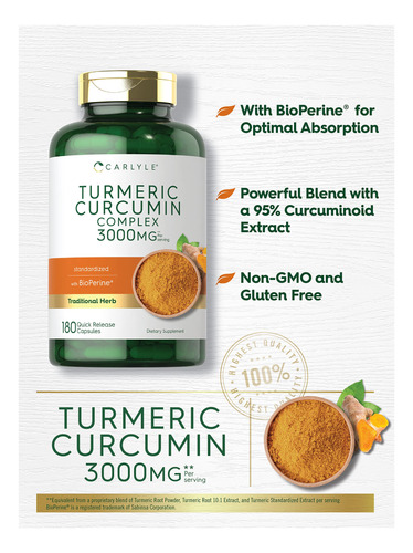 Suplemento De Curcumina De Cúrcuma Carlyle 3000mg 180 - Imagem 3