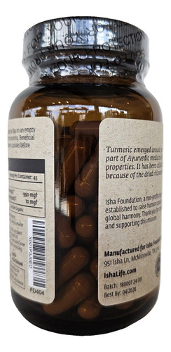 Suplemento Isha Turmeric 990mg 90 Cápsulas Vegetarianas - Imagem 5
