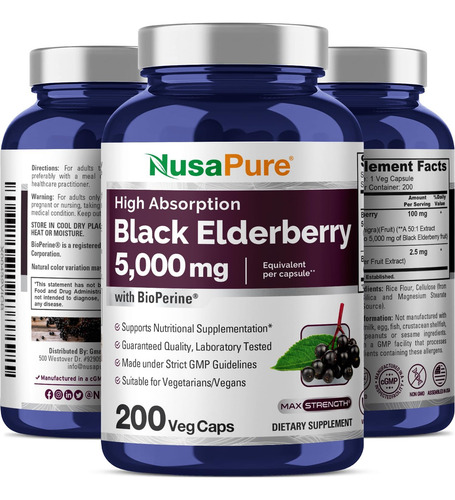 Nusapure Black Elderberry 5000mg Por Cápsulas Vegetais 200 - Imagem 4