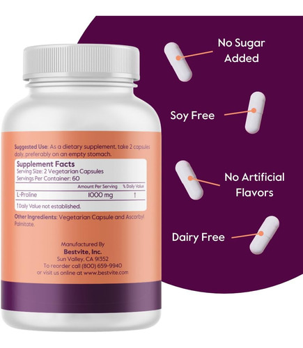 Bestvite L -proline 500mg (120 Cápsulas Vegetarianas) - Sem - Imagem 2