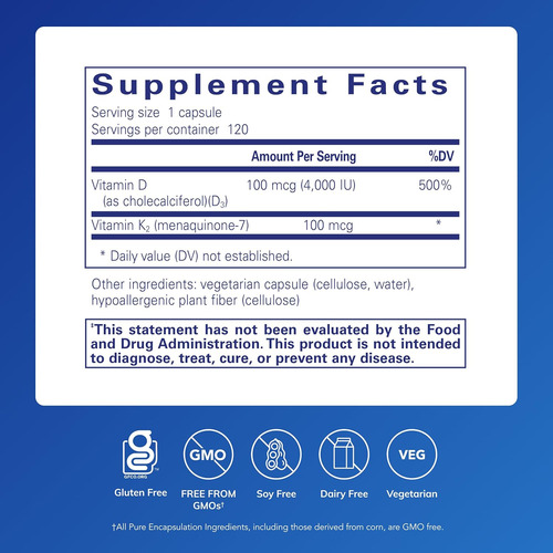 Cápsulas De Vitamina D3 E K2 Encapsulamentos Puros 120 Uni - Imagem 2