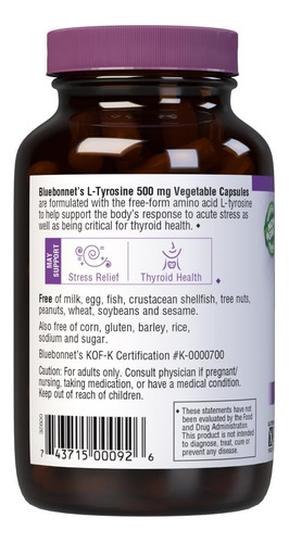 Cápsulas De Vitamina Bluebonnet Ltirosina 500 Mg Contagem D - Imagem 2