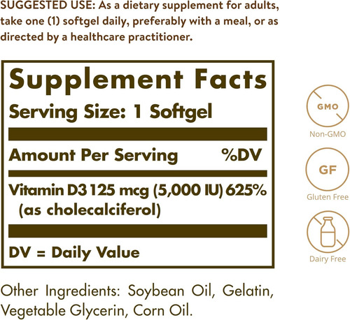Solgar Vitamina D3 (colecalciferol) 125 Mcg (5000 Ui) 10... - Imagem 2