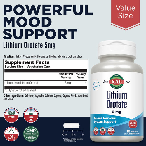 Suplemento Kal Lithium Orotato 5mg Para Suporte Cerebral 180 - Imagem 2