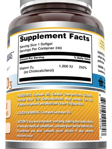 Amazing Nutrition Vitamina D3 1000iu 240 Cápsulas Brancas - Imagem 2