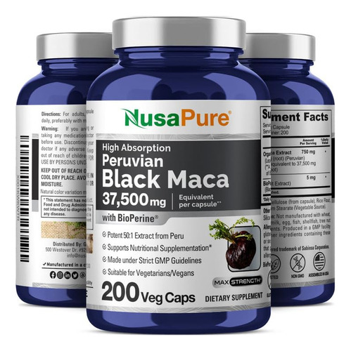 Suplemento Nusapure Black Maca Root 37.500 Mg 200 Cápsulas - Imagem 3