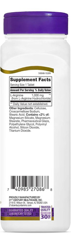 21st Century L-arginine 1000mg Força Máxima 100 E 1 Dose... - Imagem 9