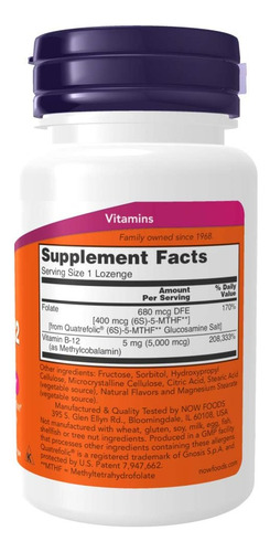 Now Foods Supplements Metil B-12 (metilcobalamina) 5.000 Mc - Imagem 2