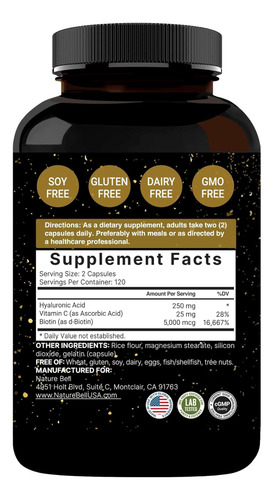Suplementos De Ácido Hialurônico Da Naturebell 250mg 240 E - Imagem 8