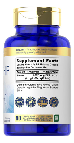 Suplemento Carlyle 5 Mthf L-metilfolato 1 Mg 120 Cápsulas - Imagem 2