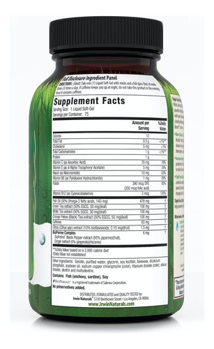 Queimador De Gordura De Chá Triplo Irwin Naturals 75 Cápsul - Imagem 2