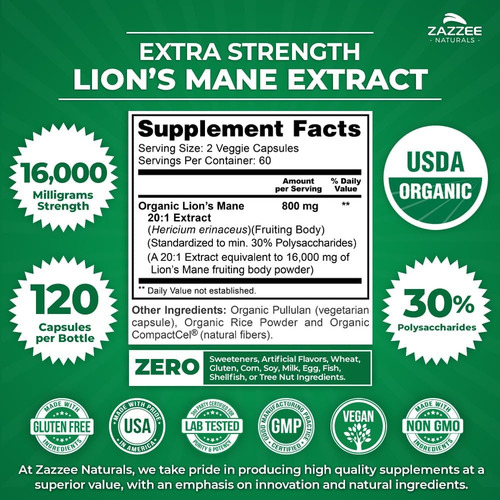 Zazzee Extrato De Lion"s Mane 20:1 Orgânico Do Usda 30% Pol - Imagem 3