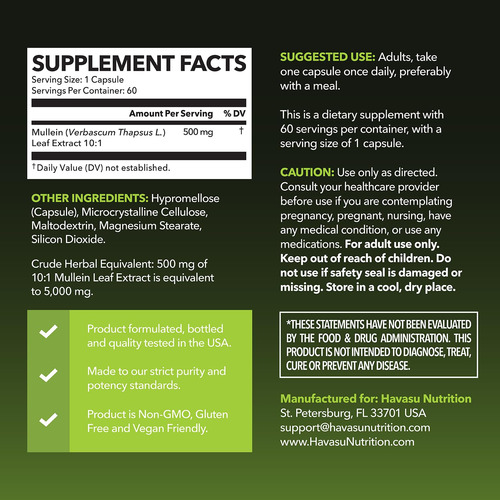 Suplemento Havasu Nutrition Mullein Leaf 500mg 60 Cápsulas - Imagem 2
