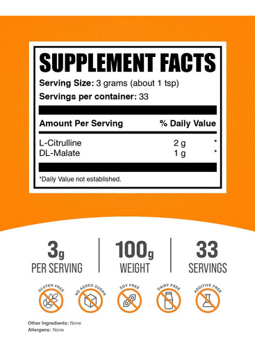 Suplemento Bulksupplements.com Malato De L-citrulina 2:1 100 - Imagem 2