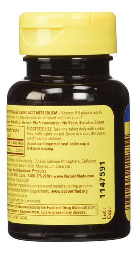 Vitamina B-6 Nature Made 100 Mg Comprimidos 100 Contagens - Imagem 3