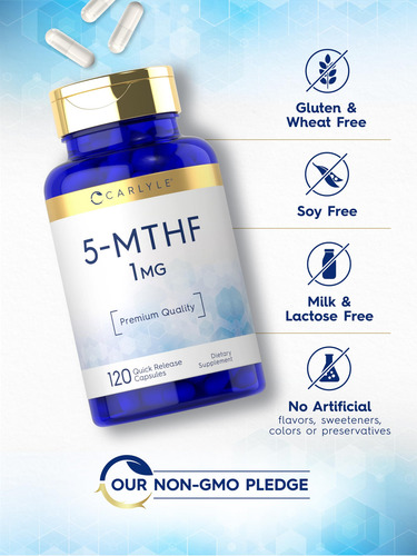 Suplemento Carlyle 5 Mthf L-metilfolato 1 Mg 120 Cápsulas - Imagem 5