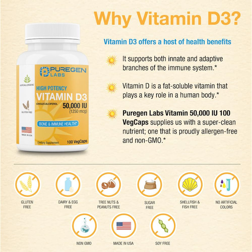Suplemento De Vitamina D3 Puregen Labs 50.000 Ui 100 Cápsula - Imagem 4