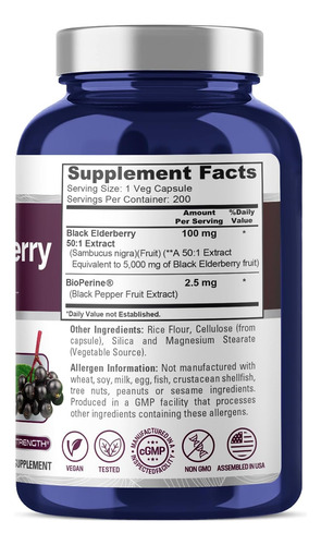 Nusapure Black Elderberry 5000mg Por Cápsulas Vegetais 200 - Imagem 2