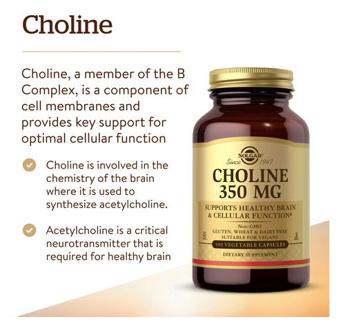 Suplemento Solgar Choline 350 Mg 100 Cápsulas Vegetais - Imagem 3