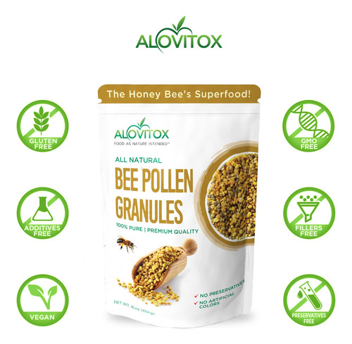 Grânulos De Pólen De Abelha Alovitox 16 Onças 100% Puro - Imagem 2